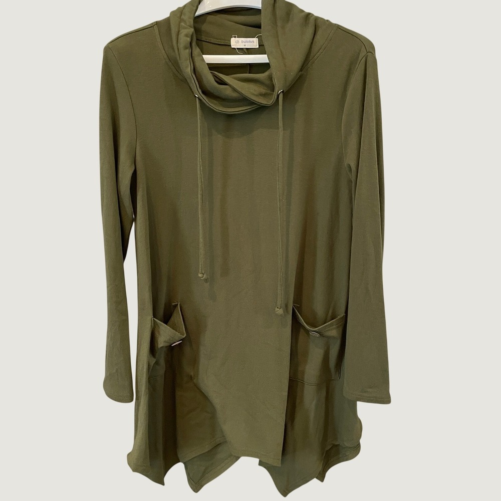 Bulotus Olive Green Cowl Neck Tunic Top Asymmetric Hem Pockets Womens Medium